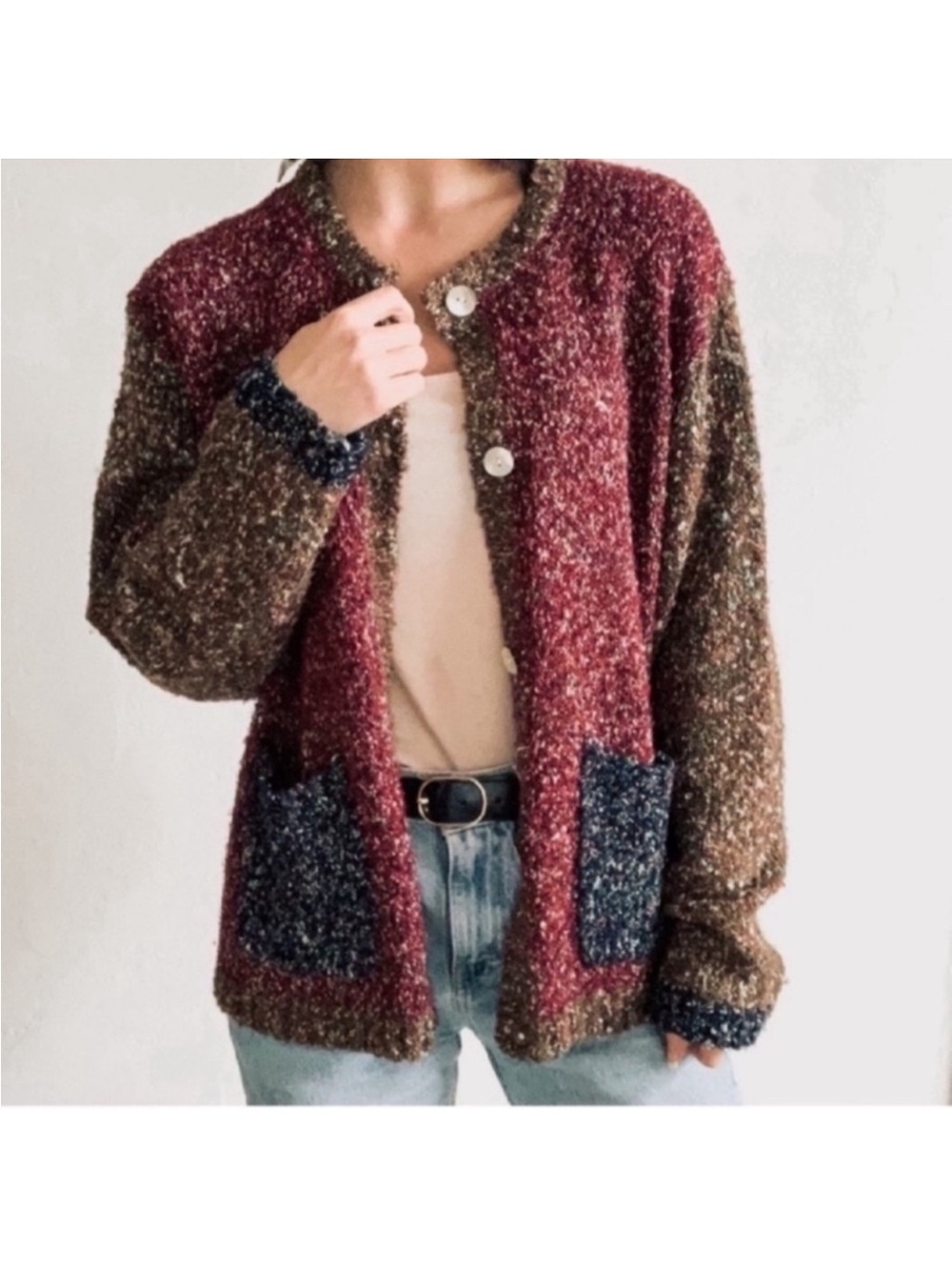 Celina Yang Designs Knit Boucle Boho Sweater Cardigan Sz XL Burgundy green